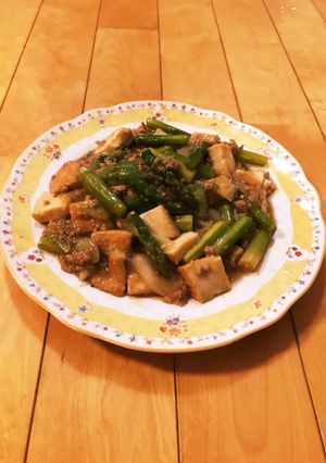 アスパラと厚揚げの豚挽肉あんかけ炒め♪-レシピのメイン写真