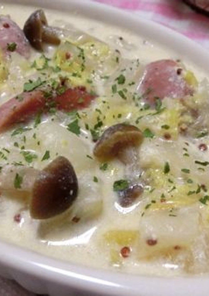 白菜きのことウインナーの粒マスクリーム煮-レシピのメイン写真