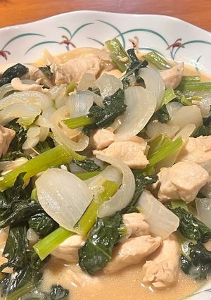 鶏肉ささみと新玉葱と小松菜のサッパリ炒め-レシピのメイン写真