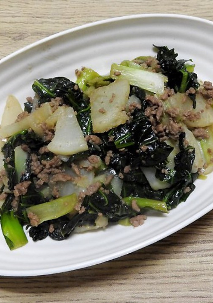 黒大根とタアサイのそぼろ炒め煮-レシピのメイン写真