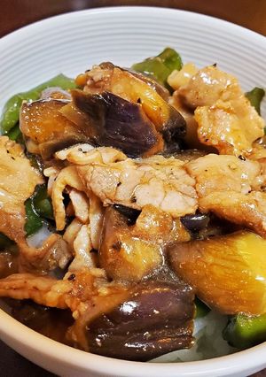 ナスとピーマンの豚肉オイスター炒め丼-レシピのメイン写真
