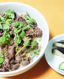 粗挽きコショウの効いた馬肉塩焼き丼
