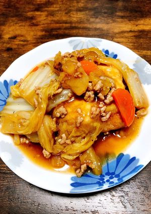 白菜と餅巾着のひき肉あんかけ炒め-レシピのメイン写真
