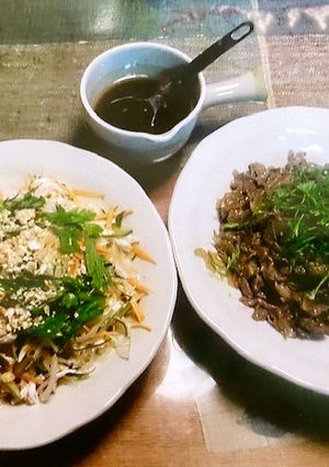 セロリと牛肉の中華炒めとエスニックサラダ-レシピのメイン写真