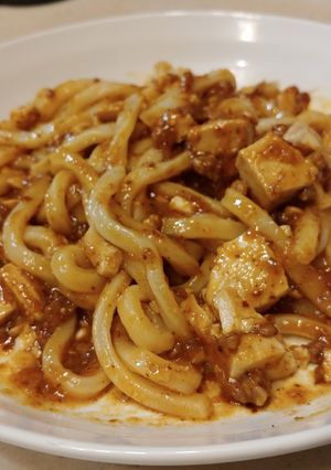 残った麻婆豆腐★アレンジ 汁無し！うどん-レシピのメイン写真