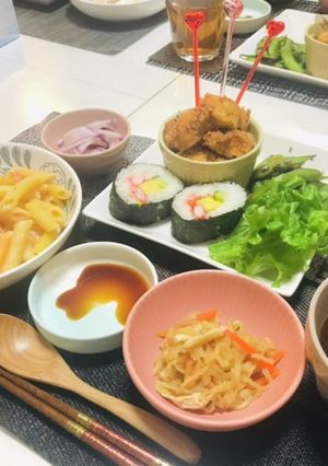 太巻・たらこペンネ・ビーフシチュー夕飯-レシピのメイン写真