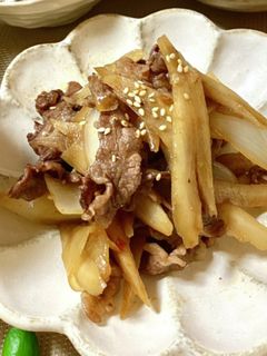 牛肉とごぼうと玉ねぎの甘辛炒め*+-レシピのメイン写真