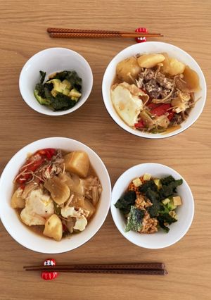 鍋焼きうどん風 残り物肉じゃが卵うどん-レシピのメイン写真
