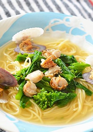 菜の花とベビーホタテのスープスパゲティ♪-レシピのメイン写真