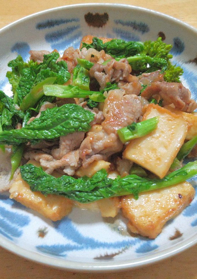 菜の花と豚こま肉に厚揚げのからし炒め-レシピのメイン写真