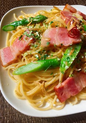 アスパラベーコンのえび塩ペペロンチーノ-レシピのメイン写真