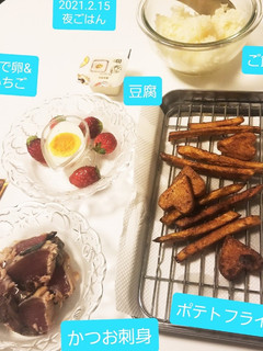かつお刺身☆&ポテト&苺&ゆで卵&豆腐☆-レシピのメイン写真