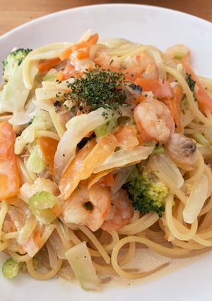 野菜とエビの豆乳クリームパスタ-レシピのメイン写真