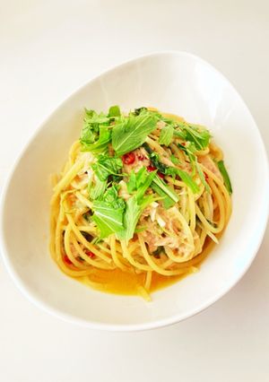 ツナと水菜のワンパンペペロンチーノ-レシピのメイン写真