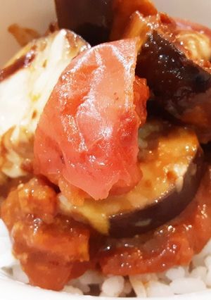 ルビートマト活用④　ナスと八丁味噌焼き丼-レシピのメイン写真