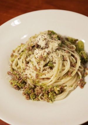 冷麦でひき肉とブロッコリーオリーブオイル-レシピのメイン写真