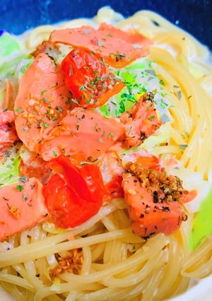 春キャベツと焼鮭の豆乳クリームパスタ♡-レシピのメイン写真