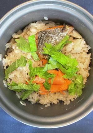 ソロキャンプ用・鮭と舞茸の炊き込みご飯-レシピのメイン写真