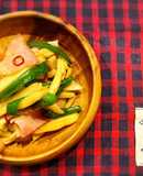 エリンギとピーマンとベーコンの麺つゆ炒め