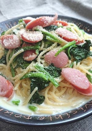 飲めるほうれん草とウインナーのスープスパ-レシピのメイン写真