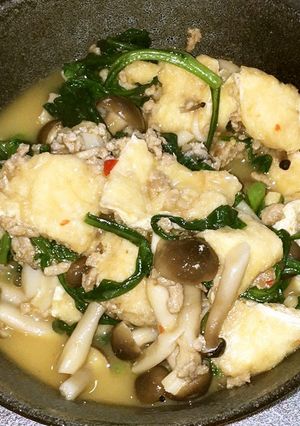 油揚げと春菊のピリ辛胡麻だれ炒め-レシピのメイン写真
