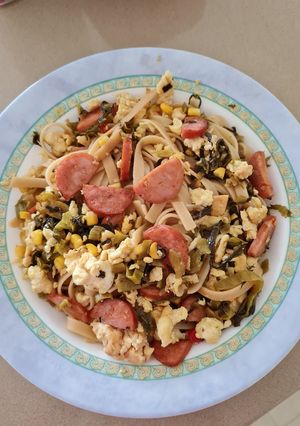 チョリソーと高菜漬、炒り卵のパスタ-レシピのメイン写真