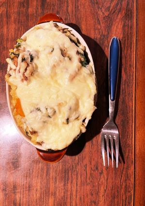 肉団子＆春菊で茸入り南瓜ペンネグラタン★-レシピのメイン写真