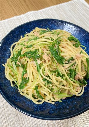水菜とツナの和風パスタ(レンジのみ)-レシピのメイン写真