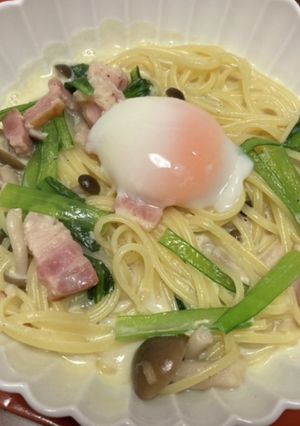 ベーコン、小松菜、しめじの豆乳パスタ-レシピのメイン写真
