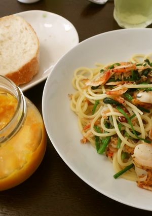 桜エビ、ホタテ、ほうれん草のパスタ-レシピのメイン写真