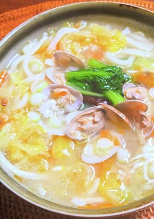 桜えびとキャベツのあさりうどん-レシピのメイン写真