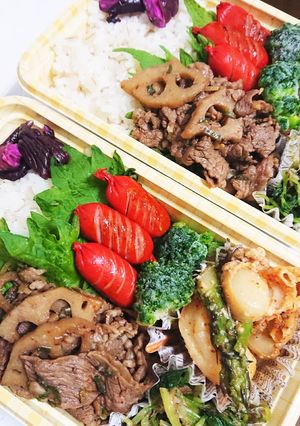 【夫婦弁当⑱】牛肉蓮根とアスパラホタテ-レシピのメイン写真