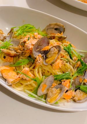 アサリと鮭、水菜の春パスタ-レシピのメイン写真