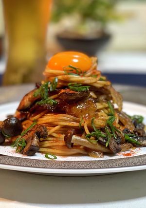 霜降り和牛とキノコのすき焼き風パスタ♪ૢ-レシピのメイン写真