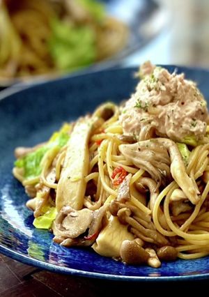 春キャベツときのこのパスタ☆ツナマヨのせ-レシピのメイン写真