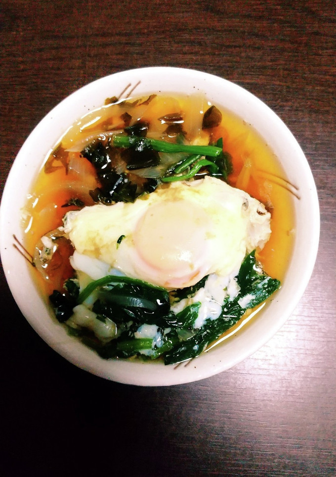 落とし卵とほうれん草とわかめの煮物-レシピのメイン写真
