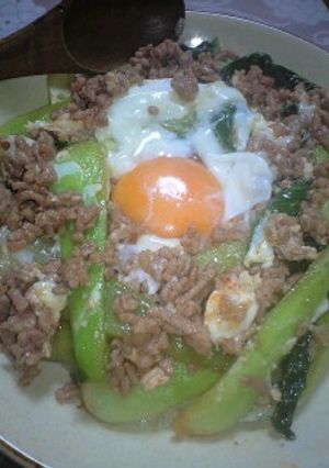 豚挽き肉とチンゲン菜の半熟卵のっけ丼♪-レシピのメイン写真