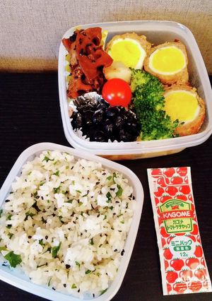 お弁当(4/16)ゆで卵入りハンバーグ-レシピのメイン写真