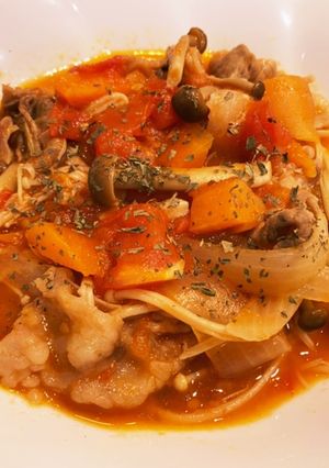 生トマトを使った豚キノコのトマト煮-レシピのメイン写真