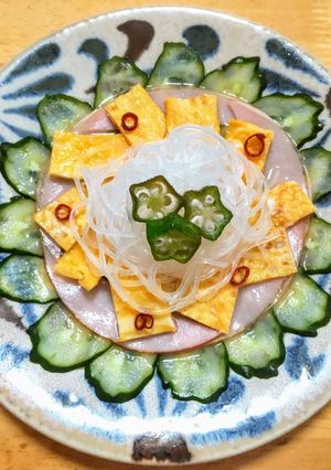 オクラ・キュウリ・ハム・卵・春雨の酢の物-レシピのメイン写真