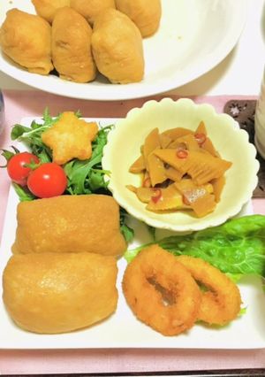 いなり寿司・イカリング・餃子スープの夕飯-レシピのメイン写真