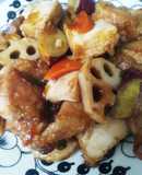 簡単！根菜と厚揚げ、鶏肉の黒酢ダレ炒め