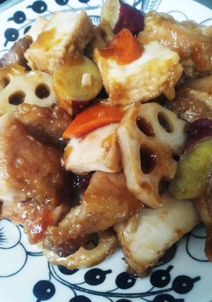 簡単！根菜と厚揚げ、鶏肉の黒酢ダレ炒め-レシピのメイン写真