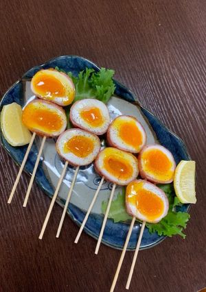 半熟卵のベーコン巻き串☆おつまみに♪-レシピのメイン写真