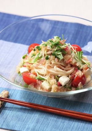 卯月製麺：水菜とチーズの梅おろしそうめん-レシピのメイン写真