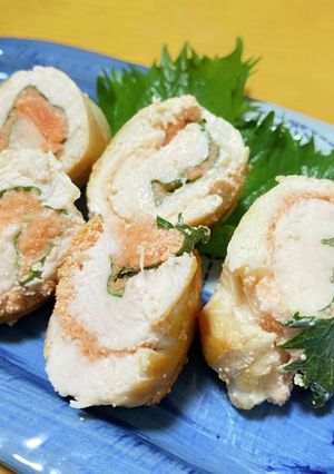 簡単♫ヘルシー♫鶏ささみのたらこ大葉巻き-レシピのメイン写真