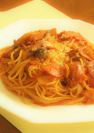 ベーコンとしめじと新玉ねぎのトマトパスタ-レシピのメイン写真