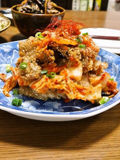 豚唐揚げのキムチまみれで豚キムチ-レシピのメイン写真