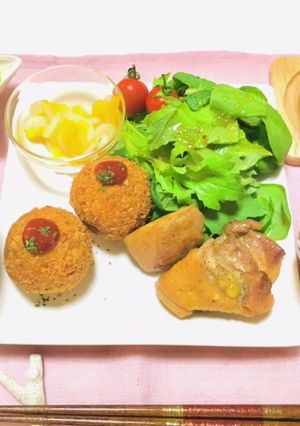 今日のおかずは、かぼちゃコロッケ・チキン-レシピのメイン写真