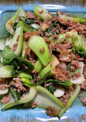 青梗菜と挽肉と桜海老のごま味噌炒め-レシピのメイン写真